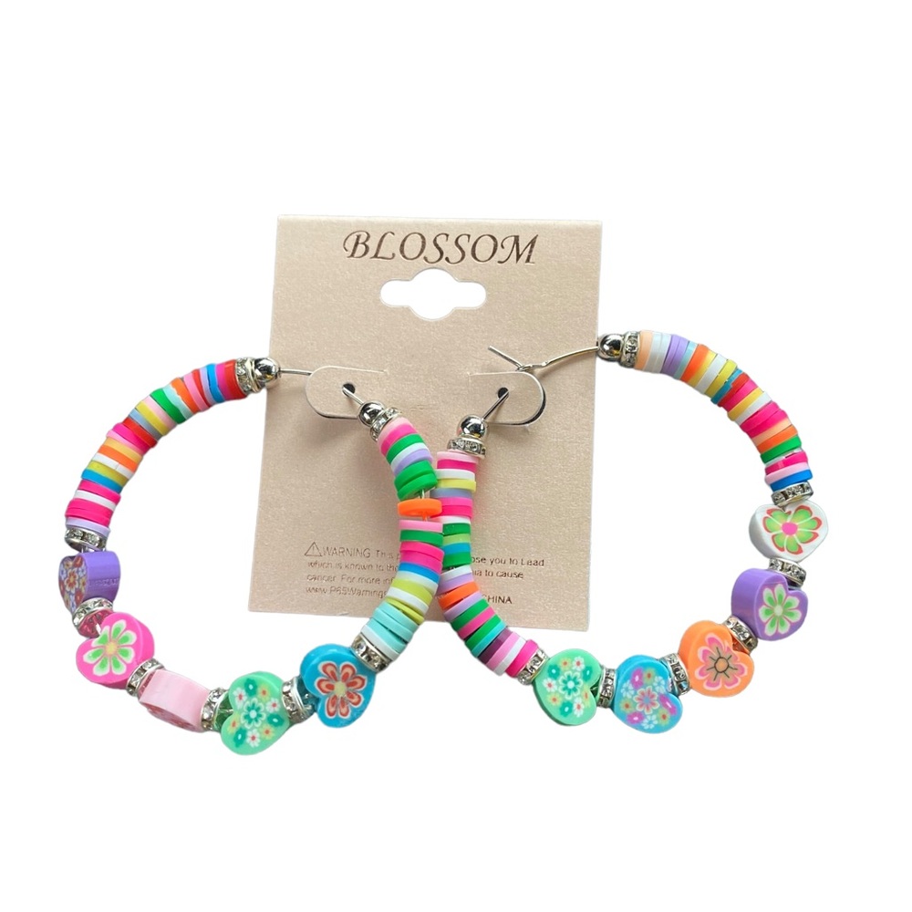 Multicolored Clay Polymer Beaded Hoop Earrings